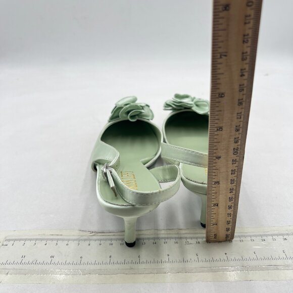 miss left Light Green Flower Pointed Toe Satin Slingback Slip on Low Heel Pumps - Picture 5 of 8